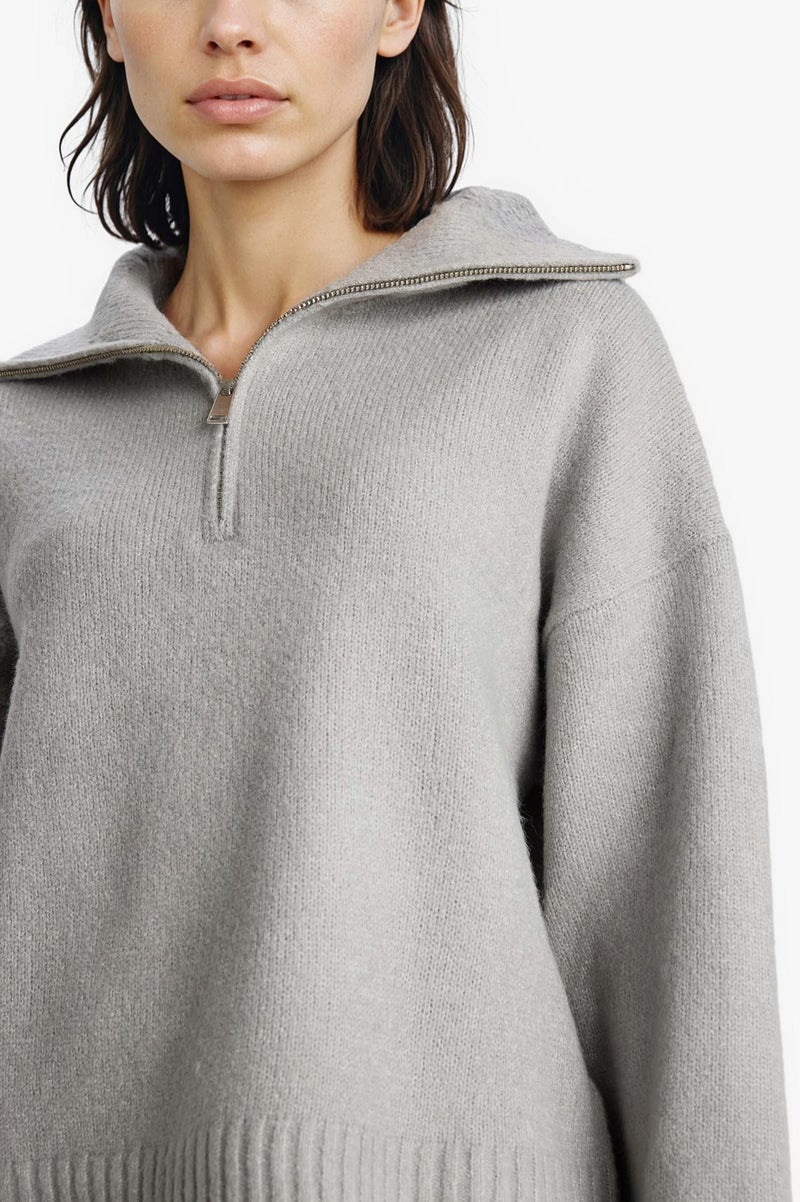 DeFacto Grey Woman Oversize Fit Half Zip Collar Knit Pullover Casual - Image 3